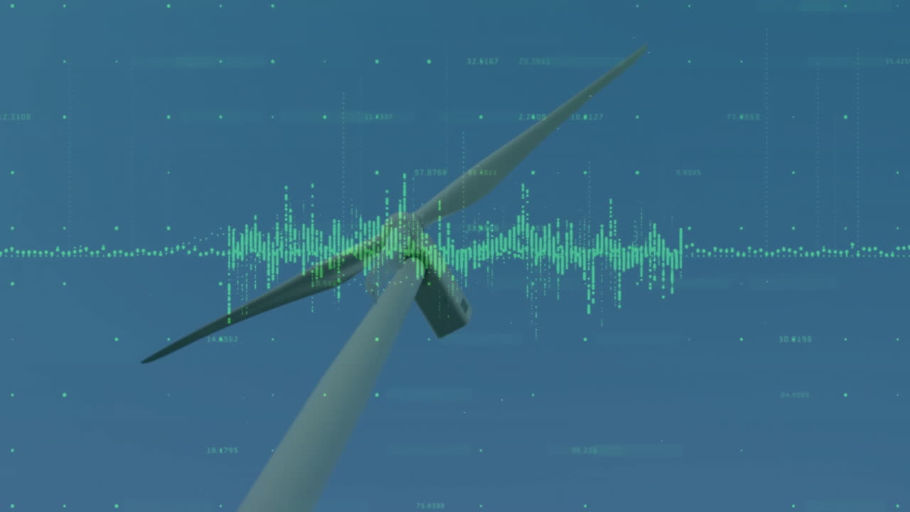 Wind turbine projecting green data overlays against sky, featuring animated illustration style