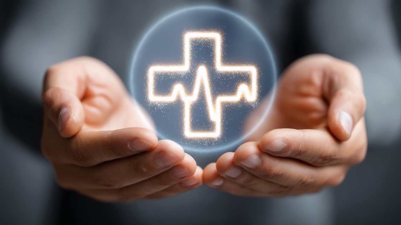 Symbolizing Health and Care: Hands Embrace a Digital Medical Cross with Vital Signs Representation in a Modern Healthcare Context