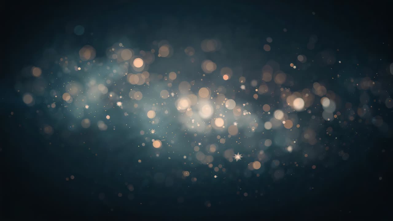 Playback starting wide band of warm bokeh shifting and twinkling in dark studio, for cinematic mood