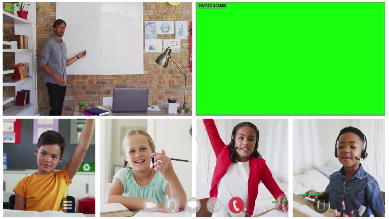 Animazione di schermo verde e schermi video con un insegnante di diverse etnie e quattro bambini in una lezione online.