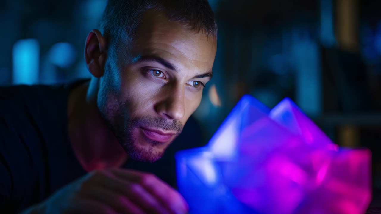 An Introspective Exploration of Light and Form: A Man Engaged with a Mesmerizing Illuminated Geometric Structure, Delving into the Intersection of Technology and Artistic Inspiration