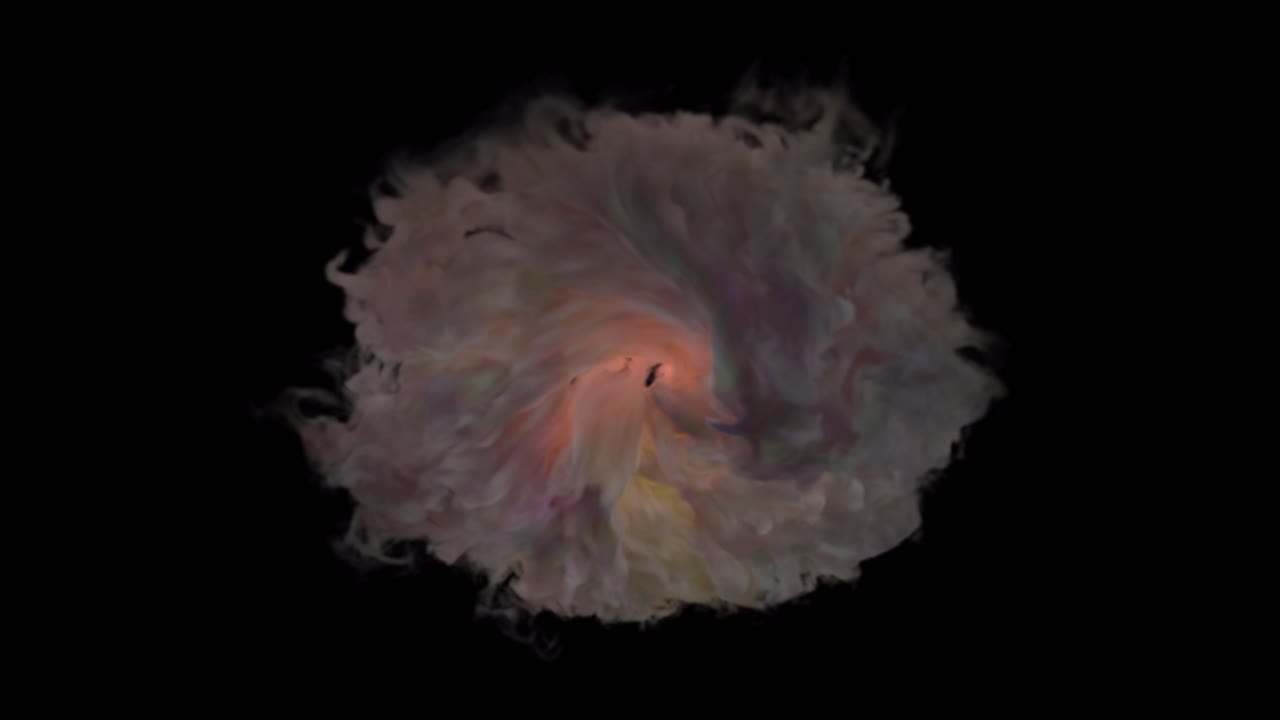 Turbulent cloud of smoke or gas pulses with a warm, iridescent light from its core. Looping animation, ideal as an abstract background, nebula, or energy source