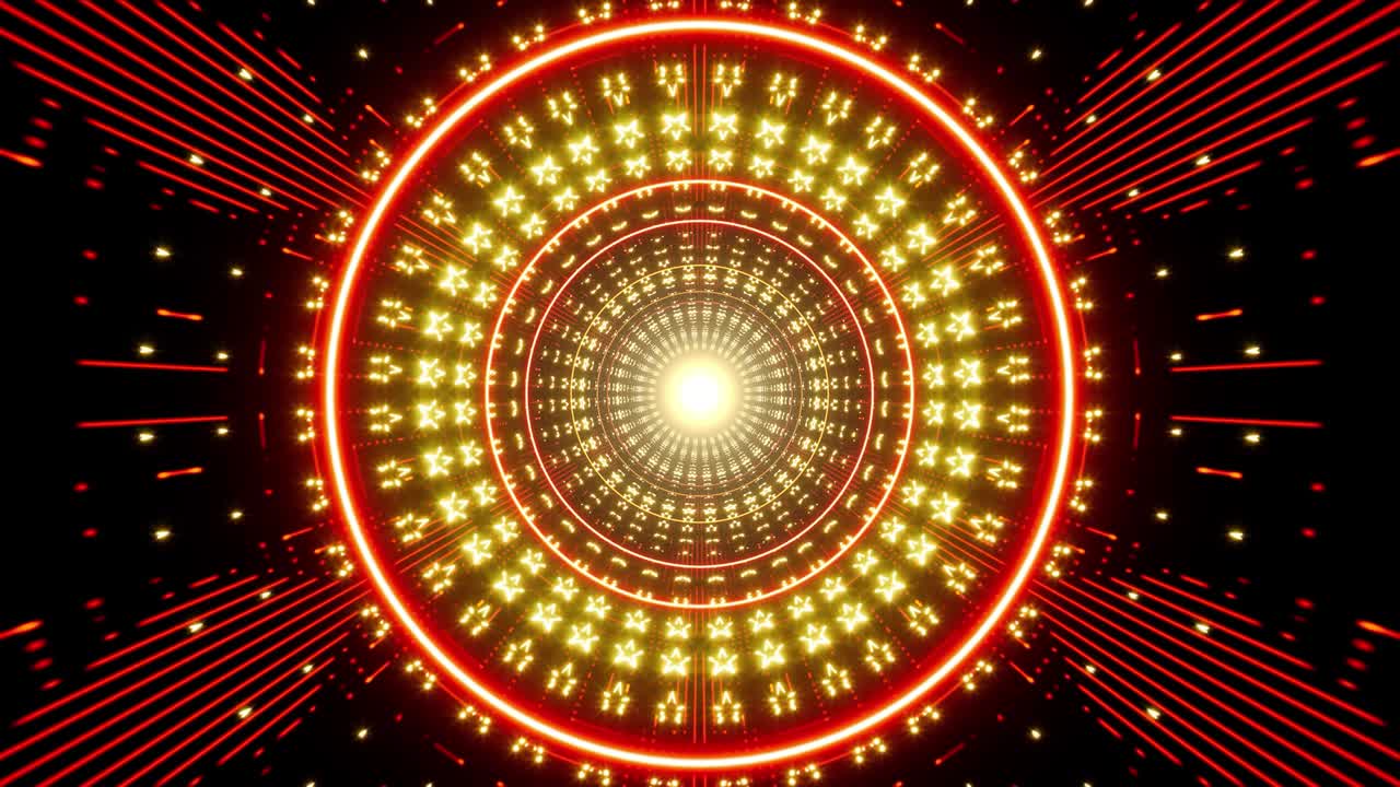 Sfondo in loop a tunnel con luce rossa brillante a forma di stella, concetto VJ per eventi.