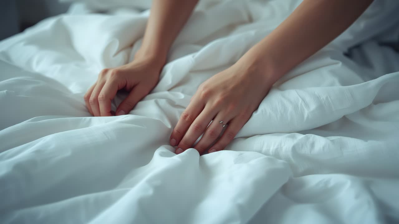 Smoothing hands pressing, tucking white duvet on bed in bedroom as soft light falling, ring visible