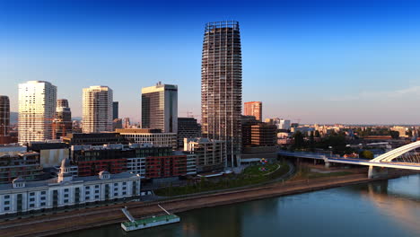 bratislava's riverfront design. bratislava showcases its skyline with contemporary buildings along the river, highlighting urban development in europe