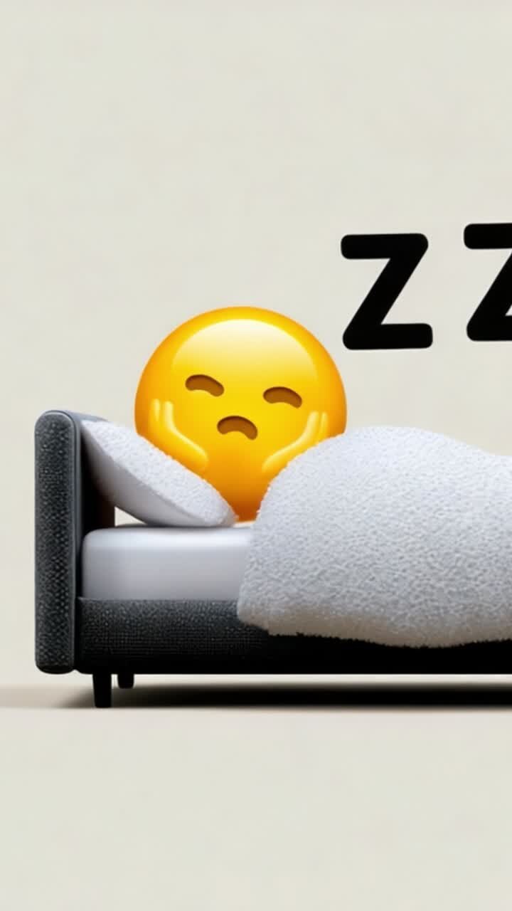 Eine skurrile Darstellung von Entspannung mit einem schlummernden Emoji auf einem gemütlichen Bett, die das Wesen von Komfort und Ruhe in einem unbeschwerten Design einfängt