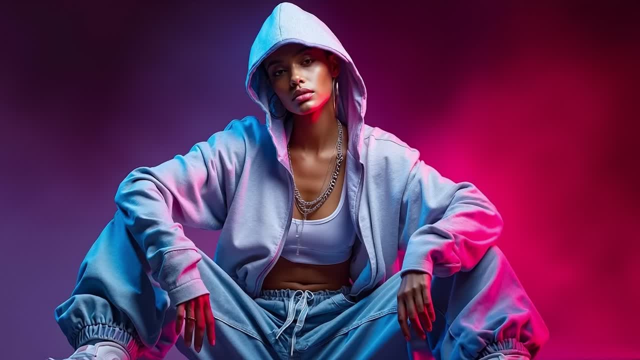 A woman in a hoodie crouching down on a pink and purple background