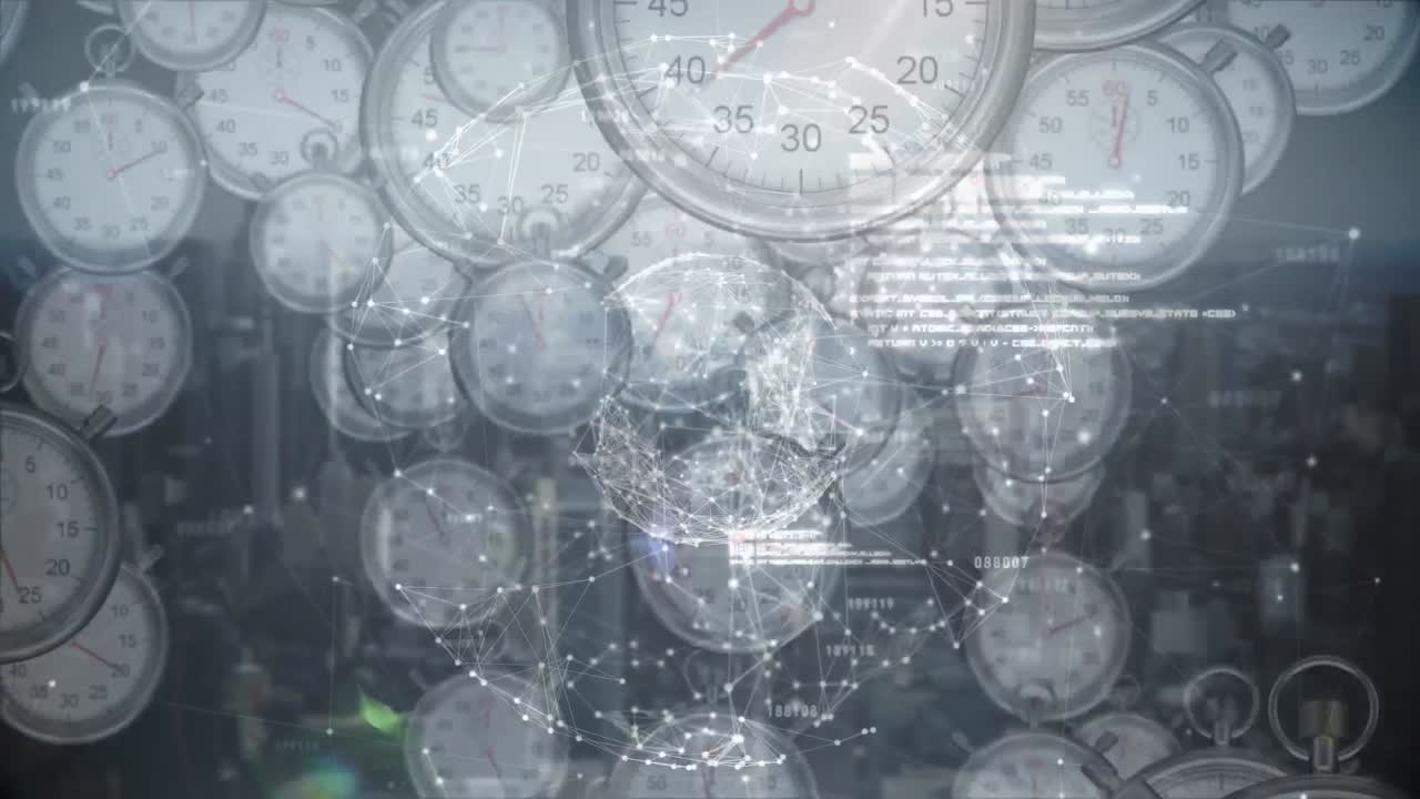 Animation af netværk af forbindelser og databehandling over flere hurtigt bevægende ure.