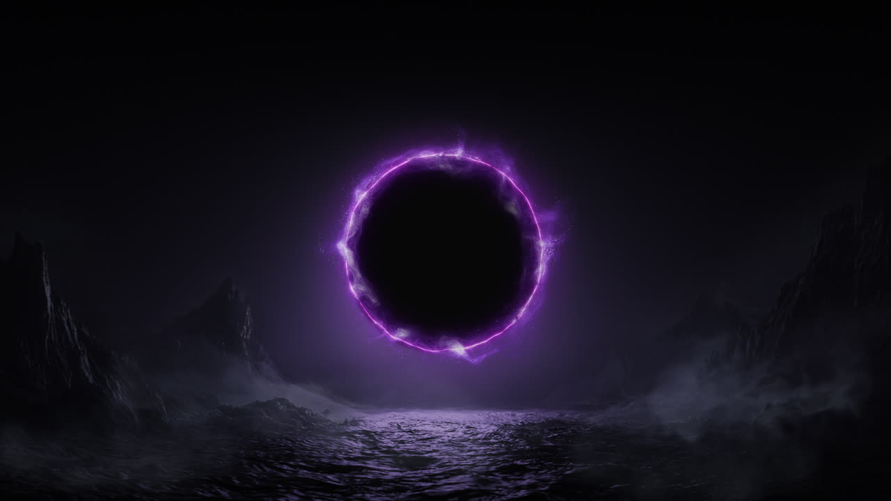 Looping neon portal in dark scifi landscape