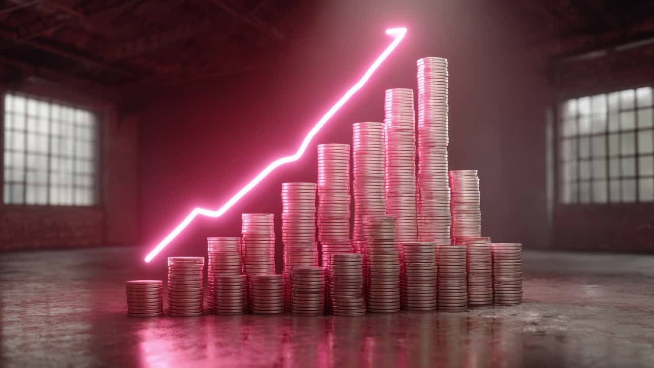 An Intriguing Representation of Financial Growth: Stacked Coins Forming an Upward Trend with a Vibrant Pink Line Depicting a Steady Increase in Value