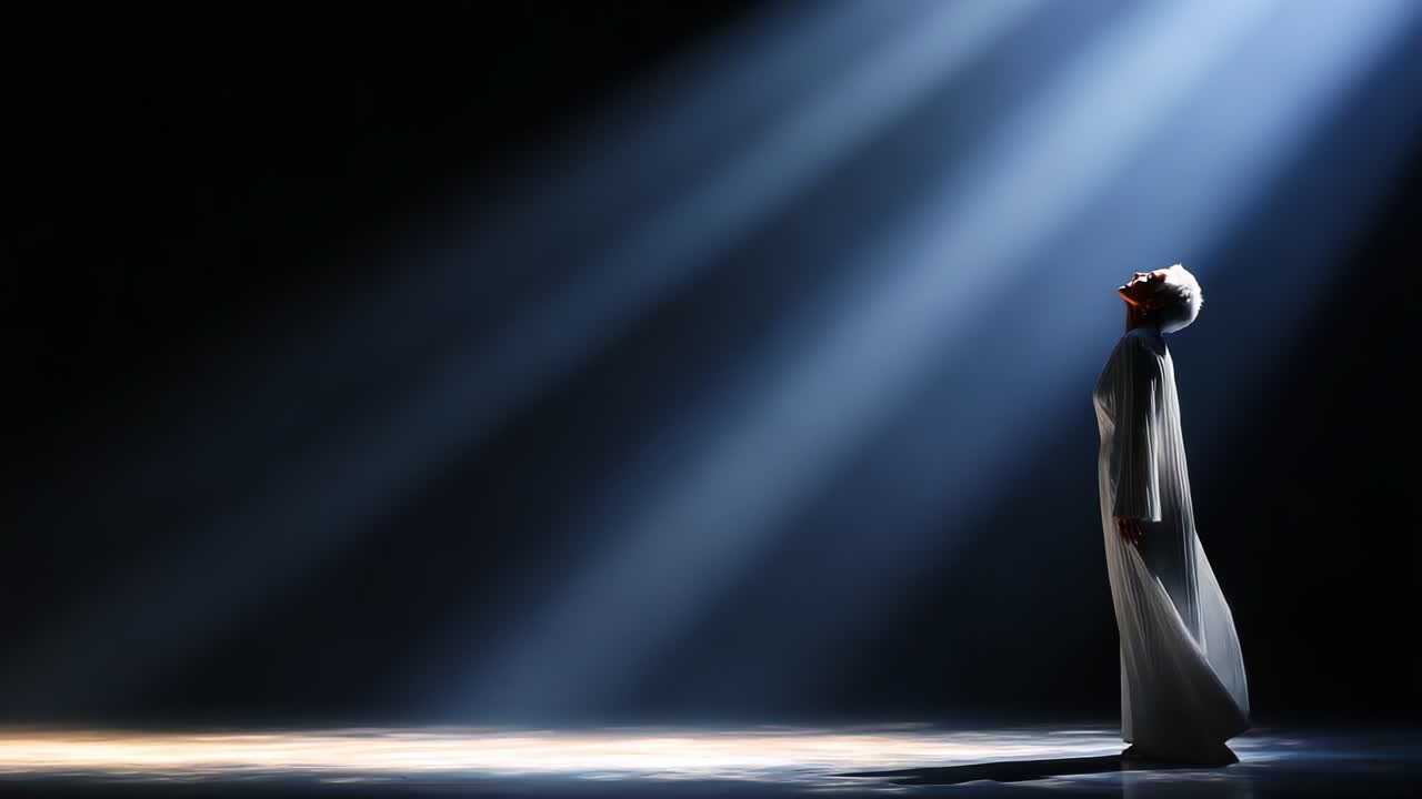 A solitary figure stands bathed in ethereal light, symbolizing introspection and resilience, as beams of illumination create a striking contrast against the dark background