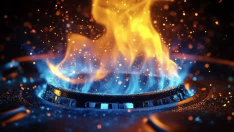 Flames dancing on a stovetop burner. Vibrant flames in shades of blue and orange emerge from a stovetop burner, illuminating the surroundings.