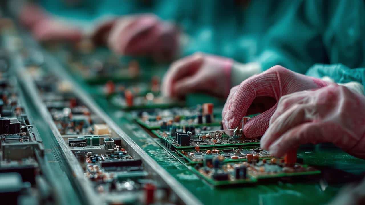 Närbild av montering av kretskort i en högteknologisk tillverkningsanläggning med skickliga tekniker som bär handskar och fokuserar på precision och detaljer