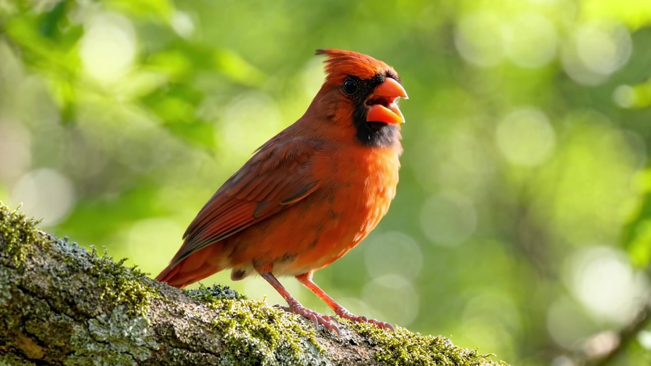 Un cardinale vivace appollaiato elegantemente su un ramo muschioso, che mostra il suo sorprendente piumaggio rosso su uno sfondo verde splendidamente tenue.
