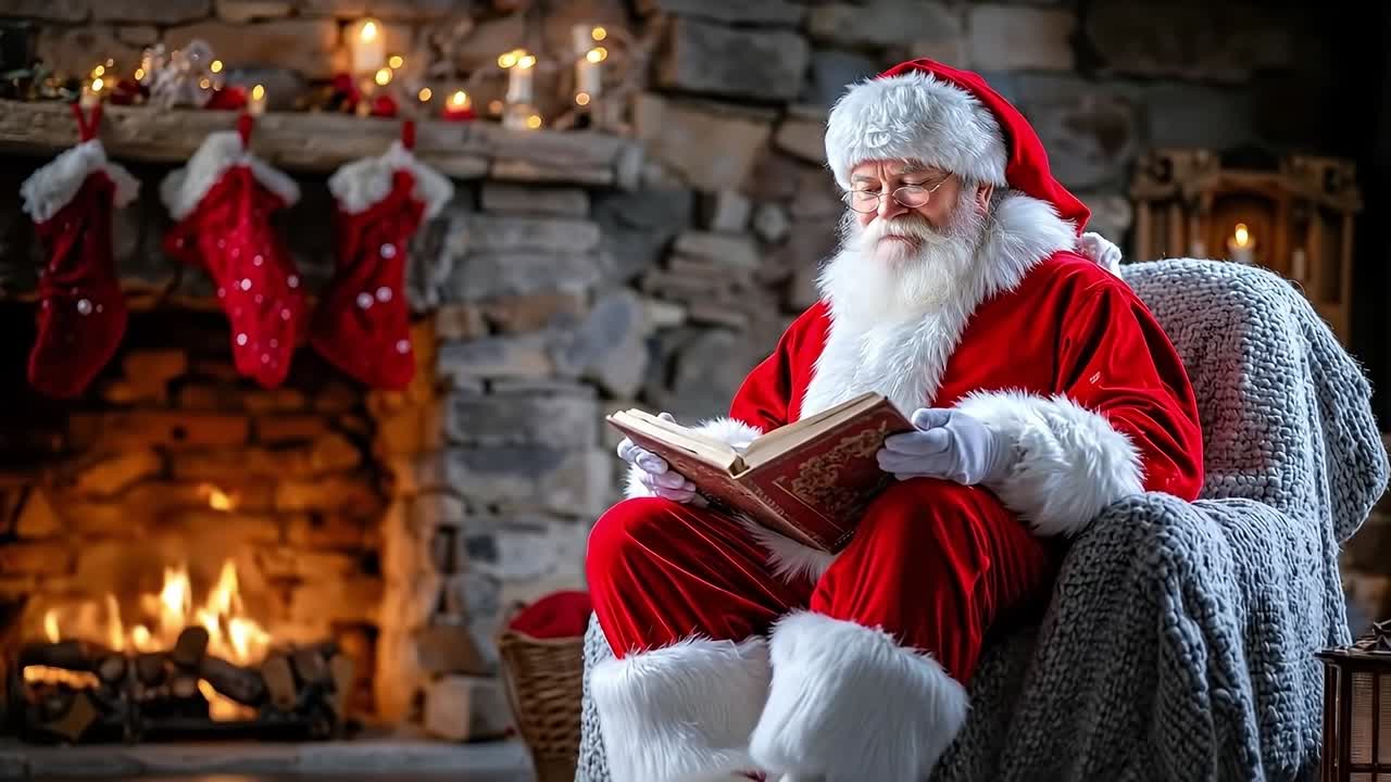 A man dressed as Santa Claus sitting in front of a fireplace reading a book