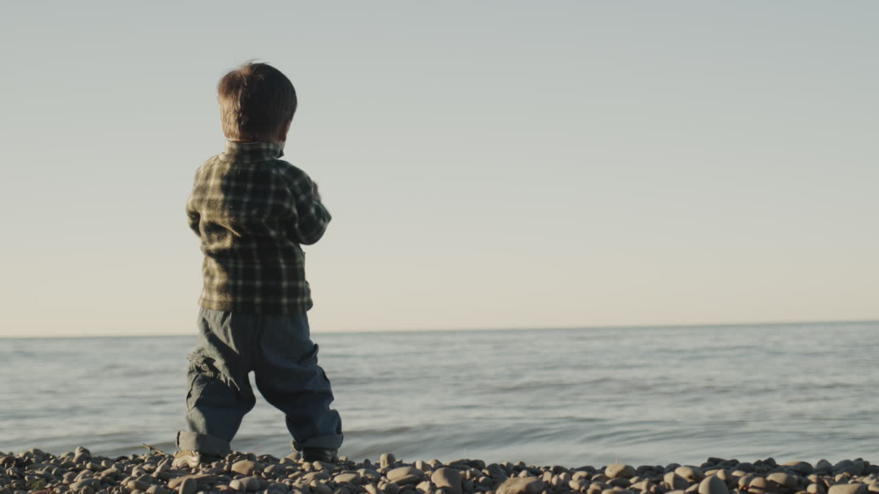 un niño decidido de dos años lanza una piedra al mar. vista trasera, video en cámara lenta