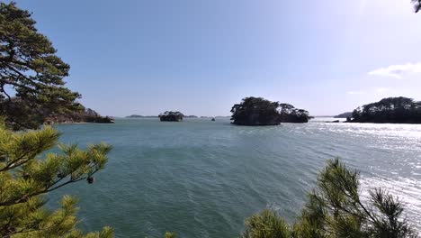 beautiful view out on turquoise waters in matsushima bay with small pine islands