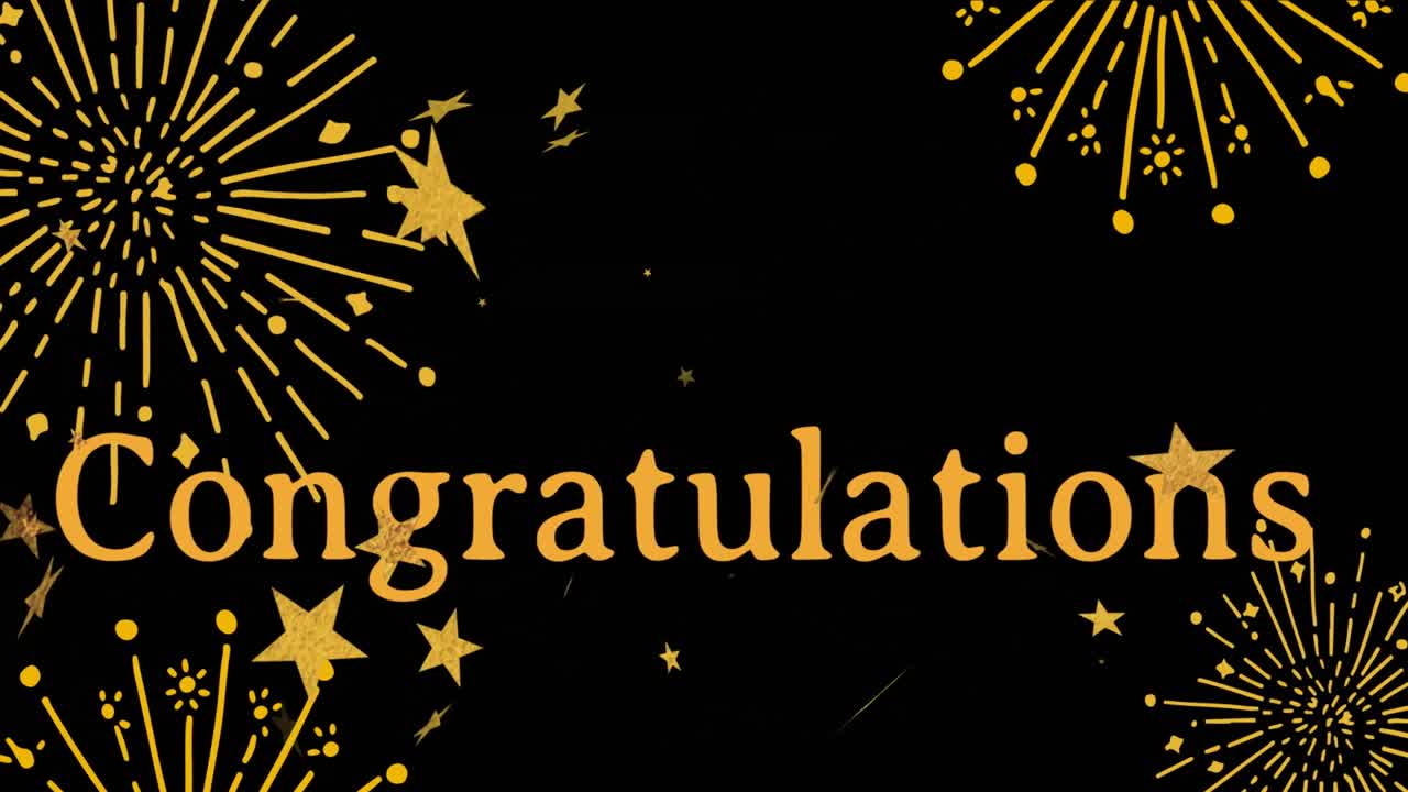 검은 바탕에 불꽃과 별을 가진 축하 텍스트의 애니메이션