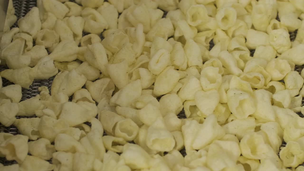 la línea de producción de la fábrica mueve las patatas fritas doradas después de freír. línea de fabricación de la fábrica de pasta