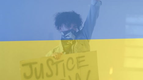 animation of flag of ukraine over african american male protester