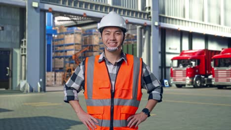 asian male engineer wearing safety helmet smiling to camera while standing with arms akimbo , outside of logistics distributions warehouse