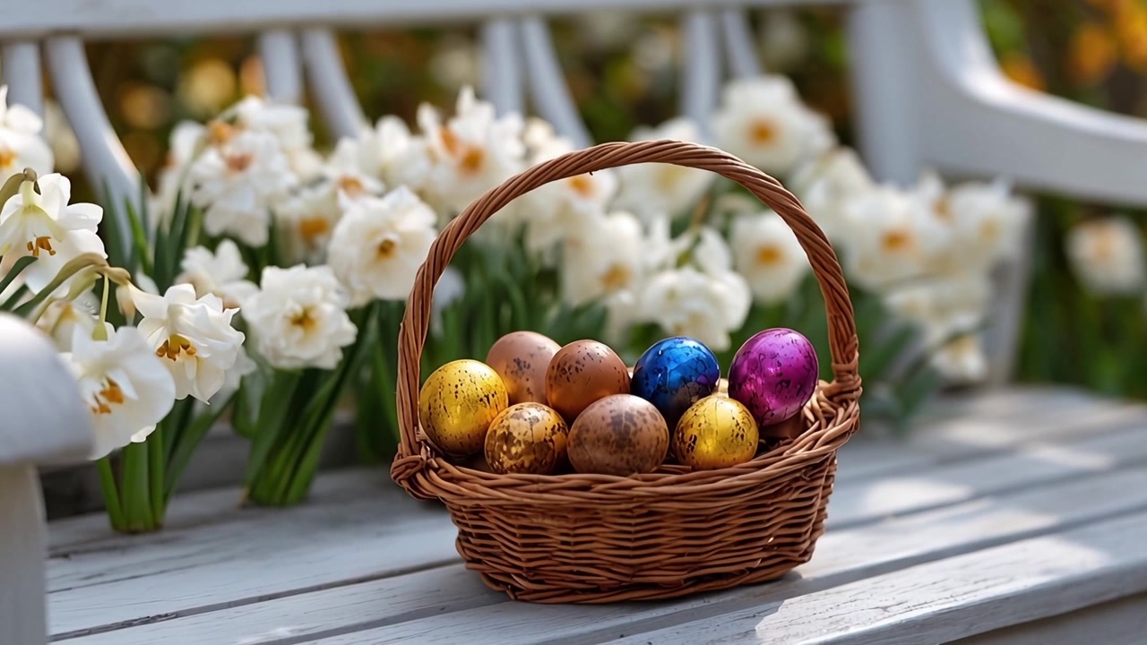 Colorful Easter Eggs in a Wicker Basket on a Bench with Spring Flowers
