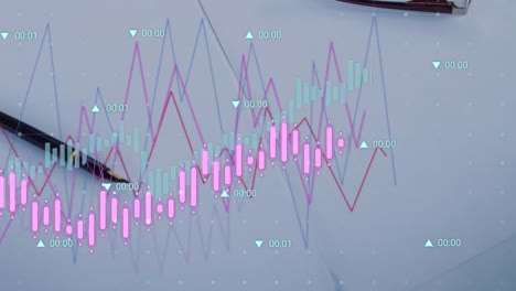 Animation-Mehrerer-Diagramme-Und-Handelstafel-über-Tintenstift-Auf-Weißem-Schwarzem-Buch-Im-Hintergrund