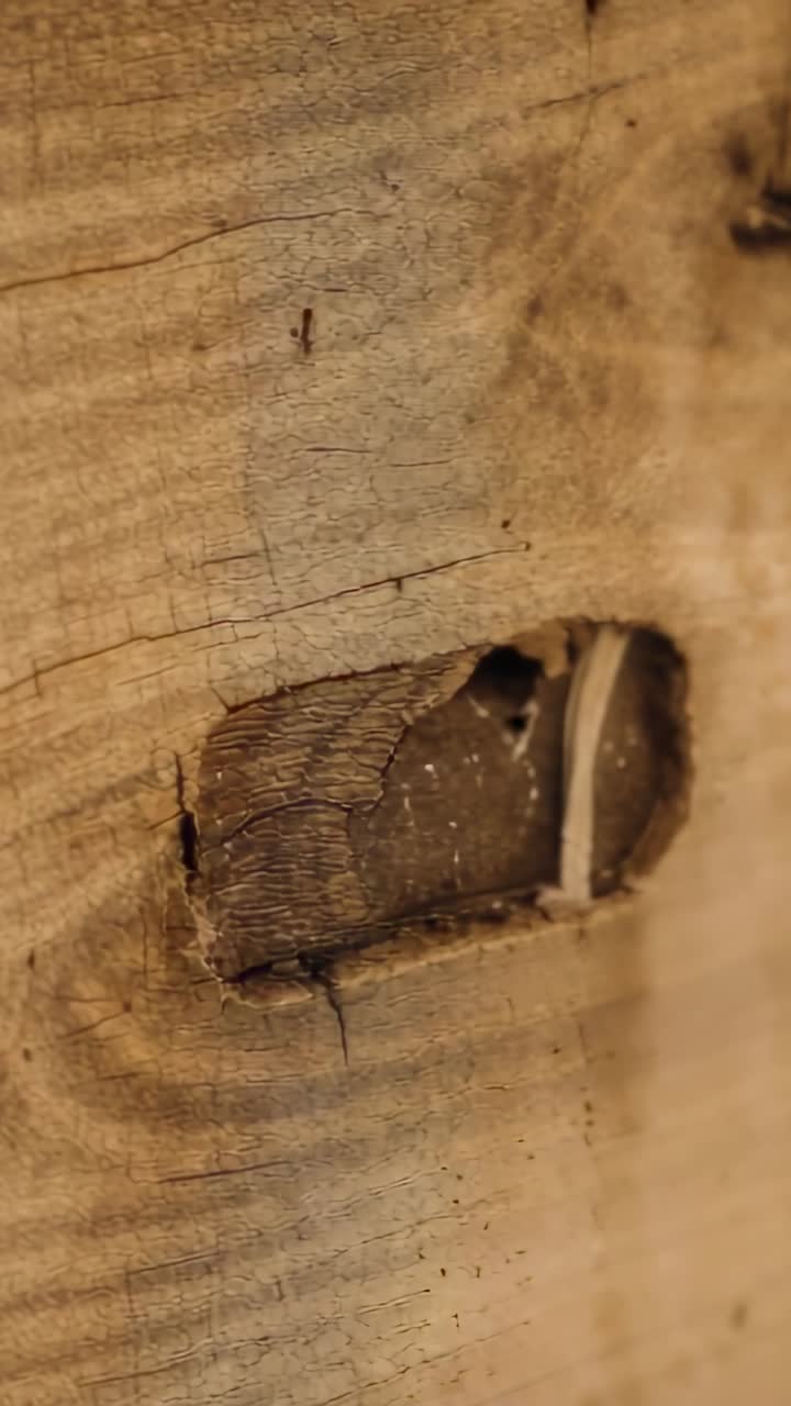 Video verticale: spostamento della camera che mostra un nodo con una striscia chiara su una tavola in un laboratorio per rivelare le venature