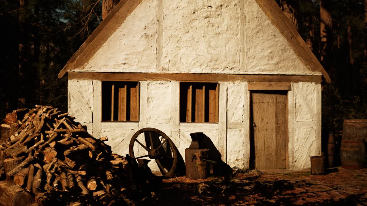 가을의 숲에 있는 오래된 나무 집