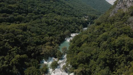 Scenic-aerial-view-over-a-river-with-beautiful-waterfalls-in-the-tropical-forest