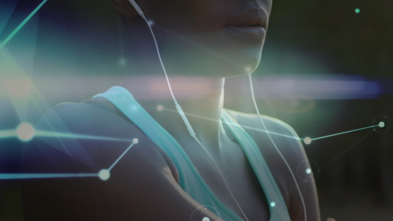 animación de la red de conexiones sobre el ejercicio de estiramiento de la mujer en el bosque