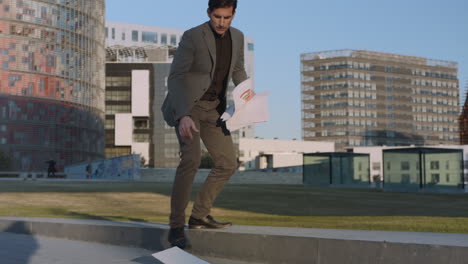 businessman reading documents on street. professional walking outdoors