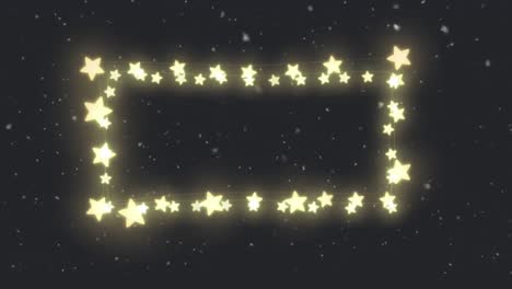 animation of frame of glowing star christmas fairy lights over falling snow, on black