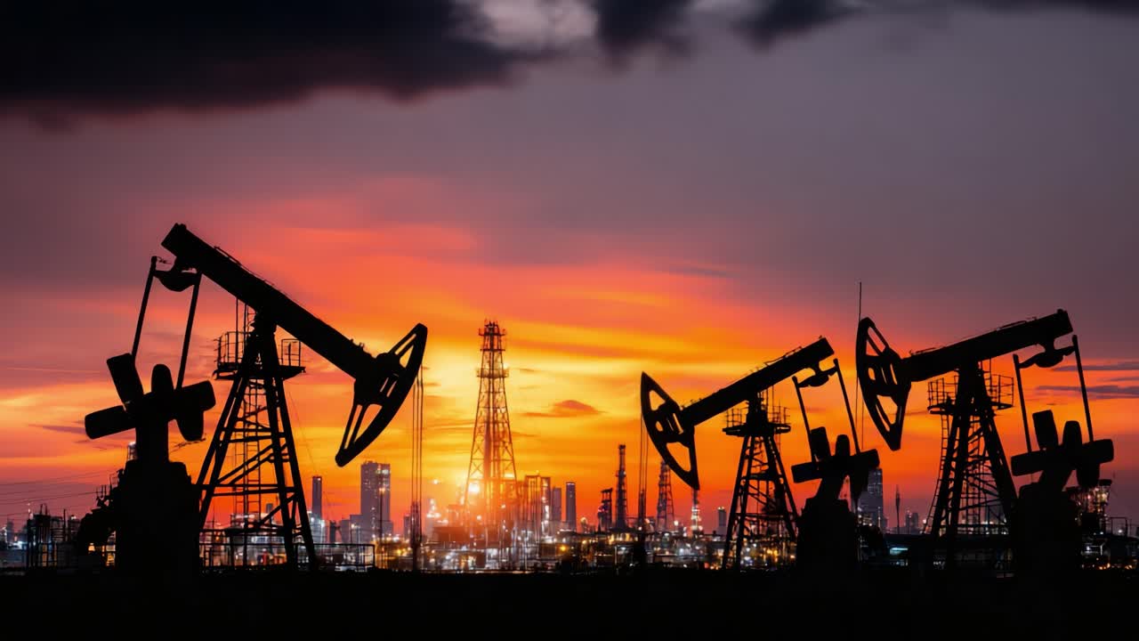 Bombas de petróleo silueteadas contra un vibrante cielo de atardecer: Una visual cautivadora de la extracción de energía y el paisaje industrial