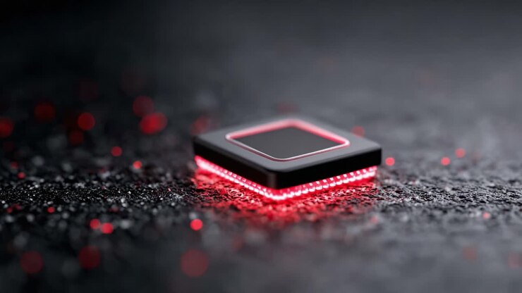 A close-up view of a modern microchip illuminated with vibrant red lights, showcasing its sleek design and high-tech features on a textured surface, emphasizing the beauty of technology