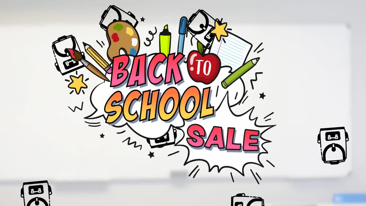 교실 위에 학교 텍스트와 학교 아이템 아이콘의 애니메이션