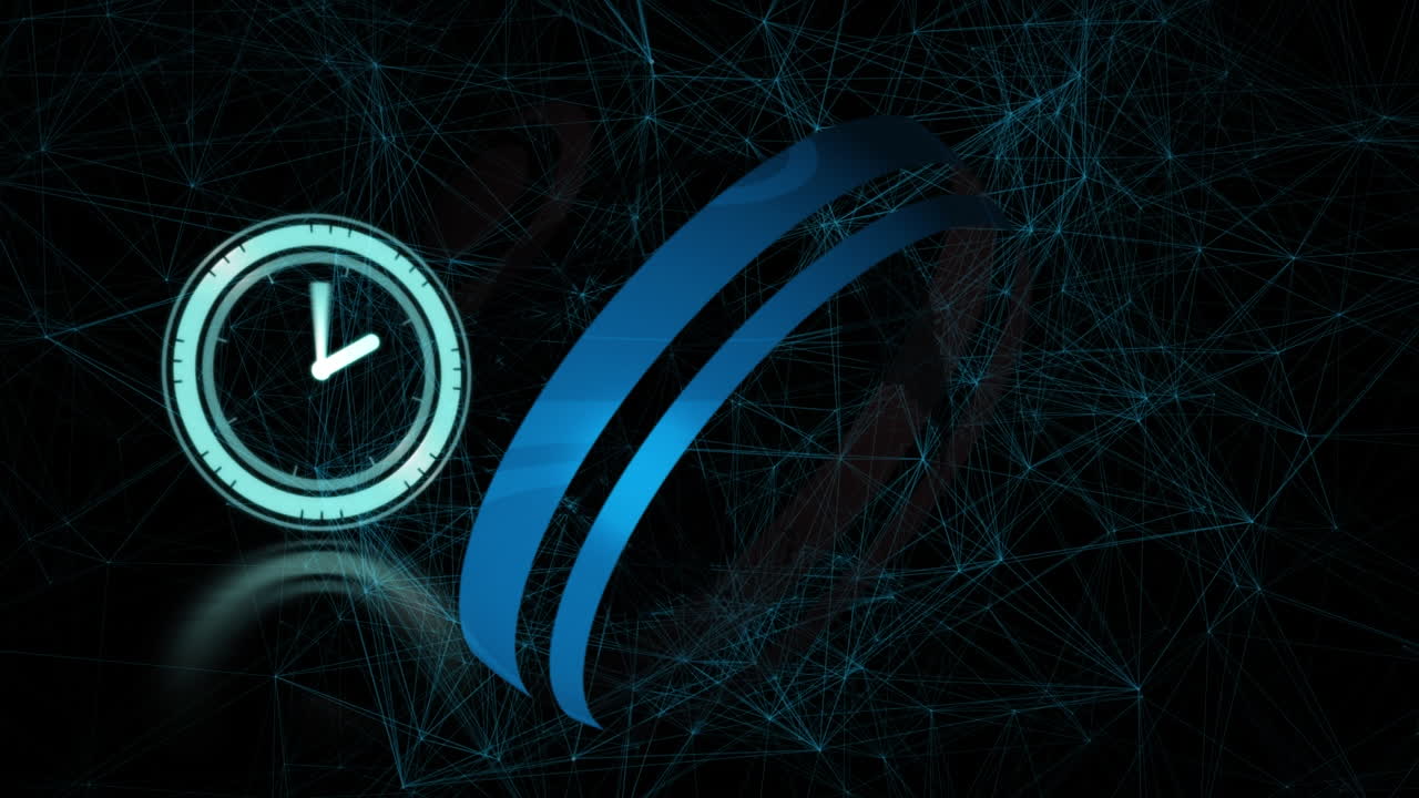 Animation of moving clock and globe over network of connections on black background