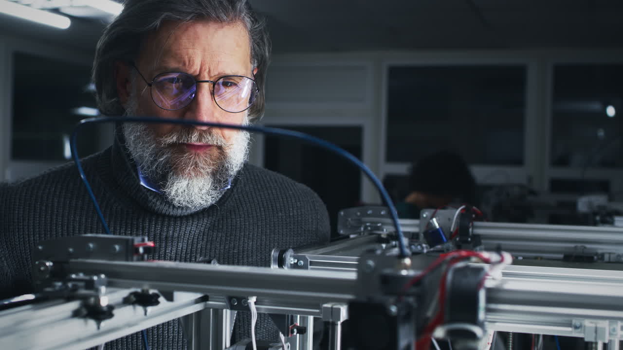 Elderly Engineer Working with a Machine in a Lab