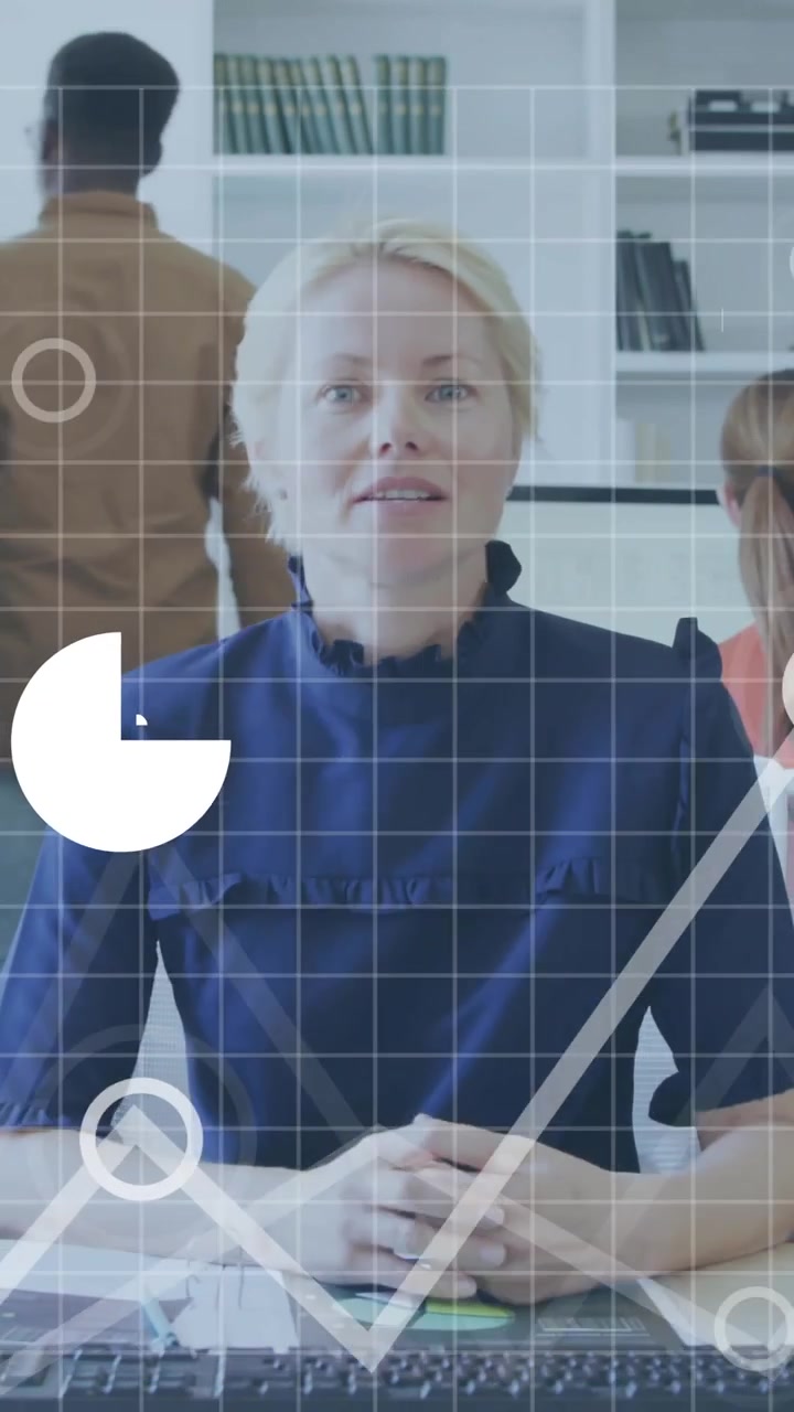 Animation of financial data processing over diverse business people in office