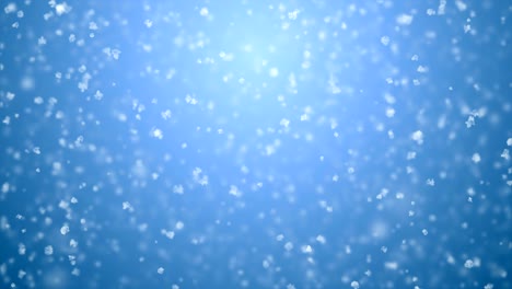 hermosa lluvia de nieve suave y tranquila sin problemas en el gradiente azul animación 3d. copos de nieve blancos en bucle cayendo cg con borrón dof. concepto de celebración de vacaciones.