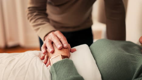 bed, holding hands and senior couple for support