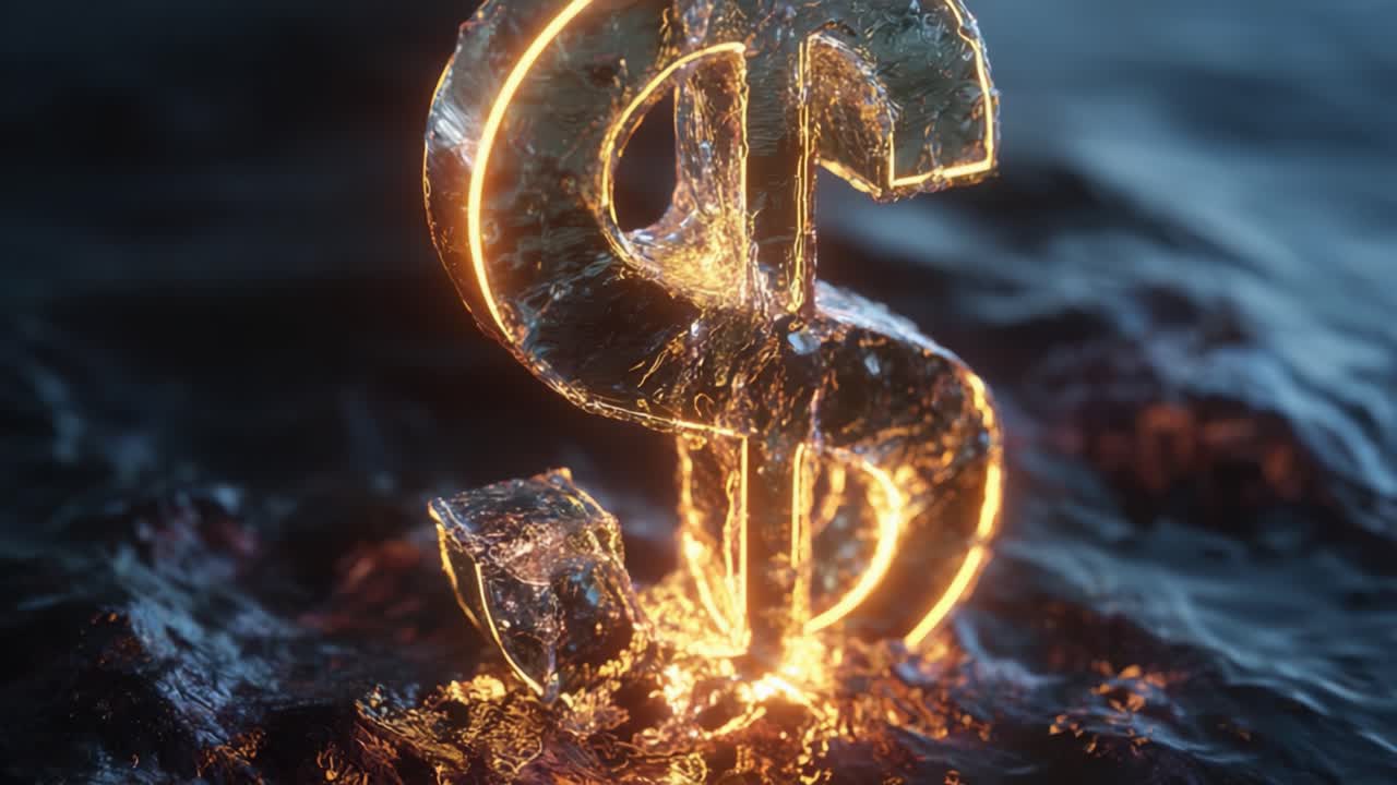Parlak Bir Işıltıyla Aydınlatılmış, Parlayan Bir Buz Dolar İşaretinin Çarpıcı Görselleştirmesi, Dinamik Bir Su Yüzeyinde Sofistikasyonu ve Zenginliği Yansıtıyor