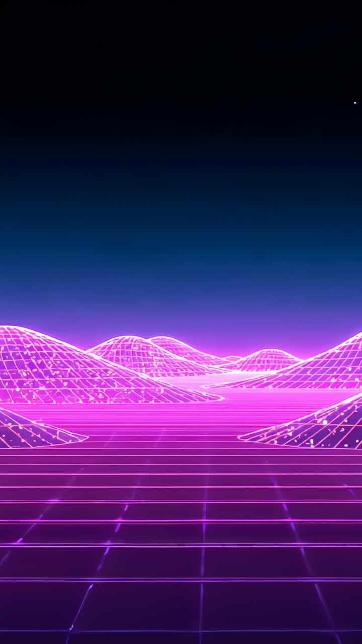 Vertical video: Looping magenta grid and mesh hills pulsing to horizon in retro night, adding depth