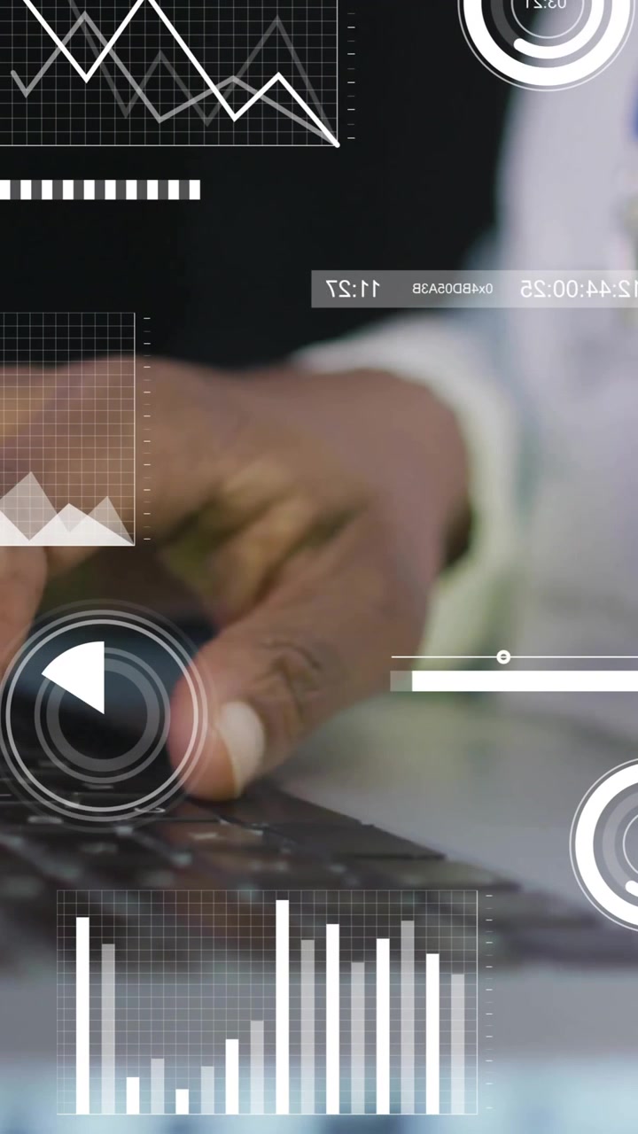 Animation of data processing and diagrams over male worker using laptop in server room