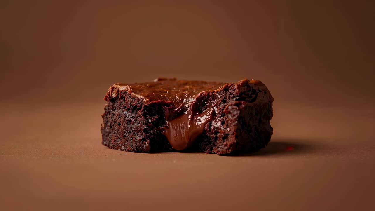Dryppende brownie som slipper smeltet sjokolade fra varmt senter gjennom sprekk på matt brun overflate