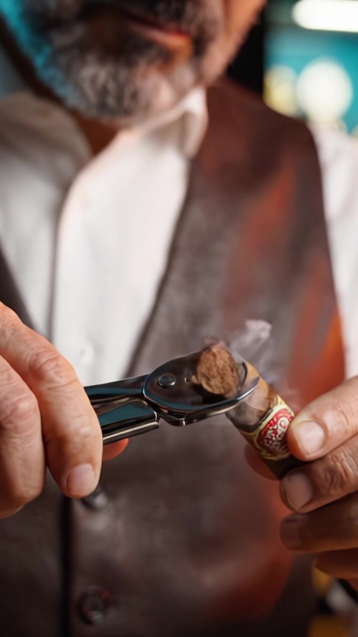 Un individuo sofisticato che assapora un sigaro pregiato, mostrando un elegante gilet in pelle, creando un'atmosfera di indulgenza e raffinatezza in un ambiente lussuoso.