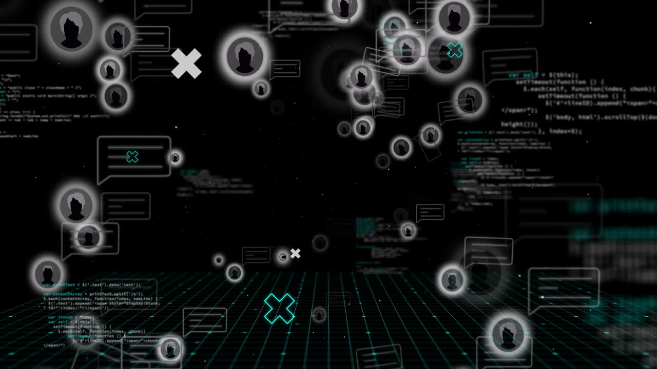 데이터 처리와 함께 검은 바탕에 떠다니는 사용자 아이콘의 애니메이션