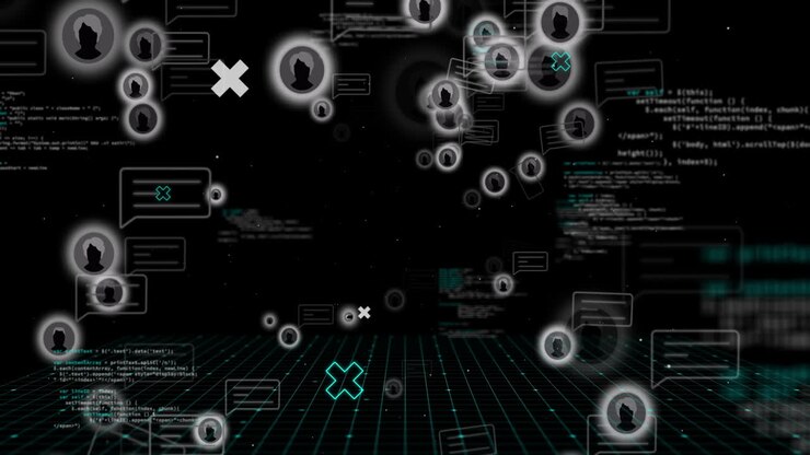 Animation von schwebenden Nutzer-Icons über schwarzem Hintergrund mit Datenverarbeitung.