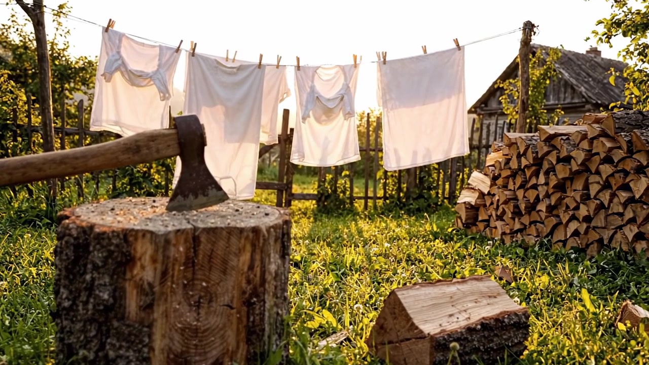 Eine rustikale Szene mit einer Axt, die auf einem Holzscheit ruht, daneben frisch geschnittenes Brennholz und Wäsche, die im warmen Schein der untergehenden Sonne in einem ruhigen Garten trocknet.