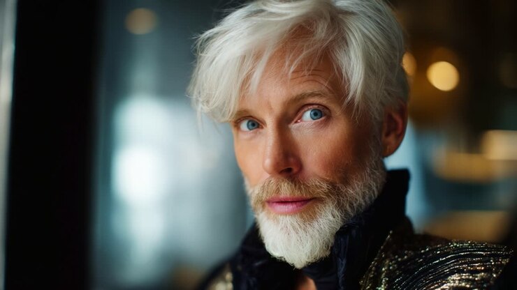 Captivating Portrait of an Elegant Individual with Distinctive Silver Hair and Bright Blue Eyes, Exuding Charisma and Sophistication in a Stylish Setting